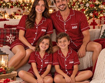 Custom Red Striped Christmas Pajamas Set, Personalized Name Family Matching Xmas Pjs, Deep Red Short Sleeve Holiday Pajamas, Family Pjs