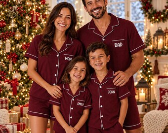 Custom Name Family Matching Christmas Pajamas, Personalized Maroon Striped Xmas Pjs Set, Monogram Short Sleeve Holiday Pajamas