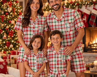 Custom Name On Pocket Family Christmas Pajamas, Personalized Red Green Plaid Satin Pajamas Set, Matching Family Xmas Pjs