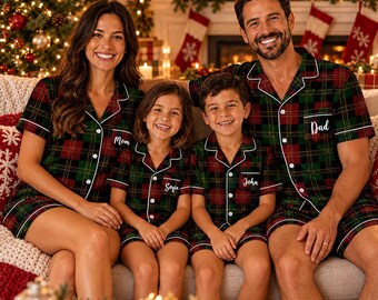 Matching Christmas Pajamas for Family, Custom Name Red Green Plaid Satin Pjs, Personalized Christmas Holiday Pjs, Monogrammed Xmas Outfit