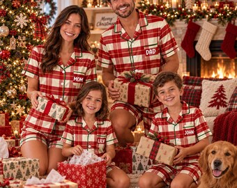 Personalized Red White Plaid Satin Pajamas, Custom Family Matching Xmas Pjs, Red Cream Plaid Short Sleeve Sleepwear, Monogrammed Family Pjs