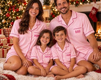 Custom Pink Christmas Pajamas Set, Family Matching Holiday Pjs, Personalized Monogrammed Pinstripe Short Pajamas, Family Christmas Gift