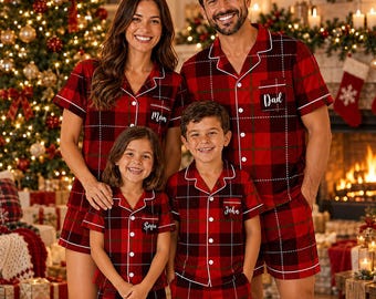Personalized Classic Red Black Plaid Christmas Pajamas, Custom Name Family Satin Xmas Pjs, Monogrammed Short Sleeve Satin Pajamas