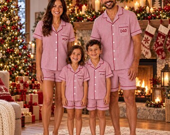 Custom Red Christmas Pajamas Set, Matching Family Christmas Pjs, Personalized Red Striped Short Sleeve Holiday Pajamas, Monogrammed Xmas Pjs