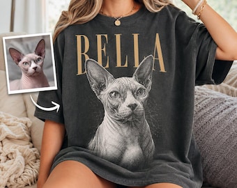 Personalized Sphynx Cat Comfort Color Shirt, Custom Name And Photo Hairless Cat Tee, Pet Portrait Shirt, Cat Lover Gift