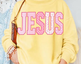Pink Pattern Jesus Mockneck Sweater, Yellow Christian Varsity Sweatshirt, Gingham Polka Dot Floral Faith Top, Religious Gift Apparel