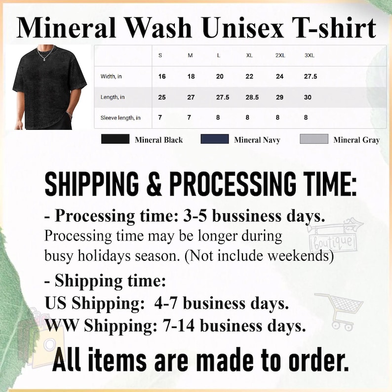 May include: A black mineral wash unisex t-shirt with a crew neck. The image includes a size chart with measurements in inches and color options: Mineral Black, Mineral Navy, and Mineral Gray. The text reads "Mineral Wash Unisex T-shirt".