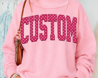 Custom Name Raspberry Polka Dot Mock Neck Sweatshirt, Personalized Pullover Shirt, Custom Text Sweater, Women’s Casual Sweatshirt