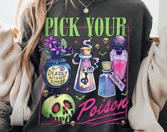 Camiseta "Elige tu veneno" de la villana Yzma, Camiseta "Kuzco Poison Apple", Camiseta de la temporada de Halloween, Camiseta para el viaje a Disneyland 2026