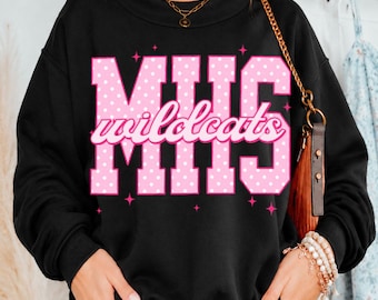 Black Pink Polka Dot Varsity Sweatshirt, Custom School Name Crewneck, Personalized Mascot Initial Shirt, Retro Game Day Apparel