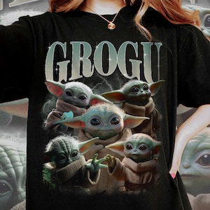 May include: Black t-shirt with a graphic of Grogu, and the word "GROGU" above the image. The graphic shows Grogu in various poses. The design has a weathered, vintage look.