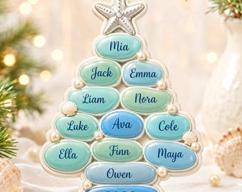 Personalized Family Sea Glass Ornament, Custom Name Christmas Tree Decor, Beach Theme Family Keepsake, 3D Relief Acrylic Ornament