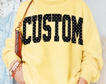 Personalized Yellow Sweatshirt, Custom Black Polka Dot Mockneck, Cozy Casual Shirt, Gift For Her