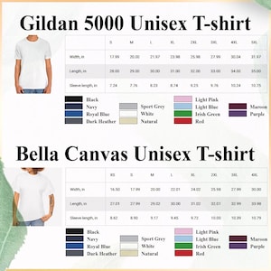 May include: A product image showcasing size charts for Gildan 5000 and Bella Canvas unisex t-shirts. The charts display measurements in inches for width, length, and sleeve length, along with color options including black, navy, and red.