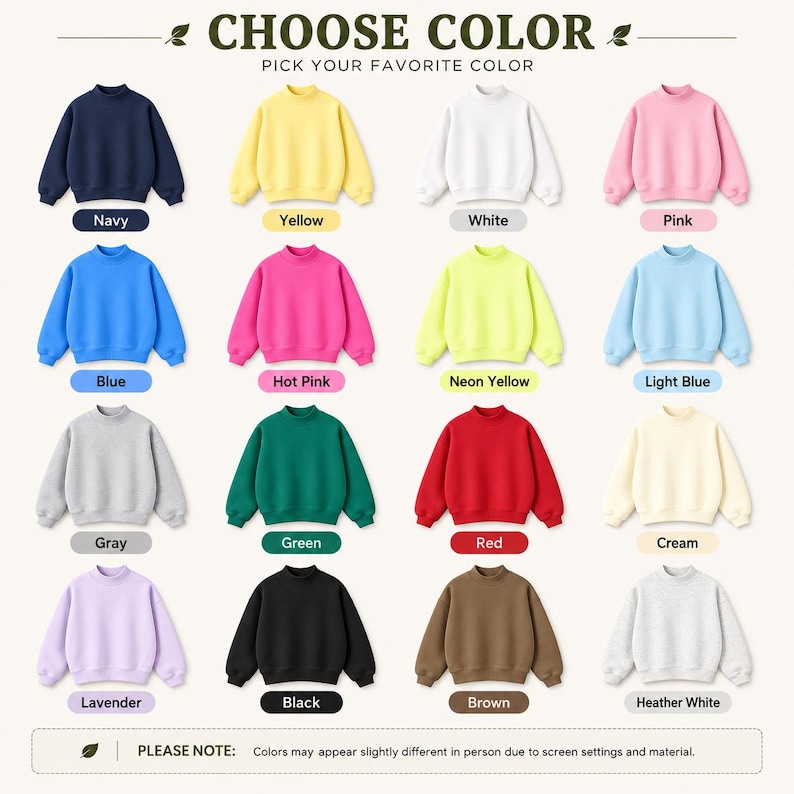 May include: A color chart displaying sixteen long-sleeve crewneck sweatshirts in various solid colors including navy, yellow, white, pink, blue, hot pink, neon yellow, light blue, gray, green, red, cream, lavender, black, brown, and heather white.