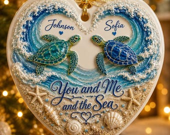 Personalized Sea Turtle Ornament, Couple Christmas Ornament, Custom Name Beach Wedding Gift, Anniversary Ornament