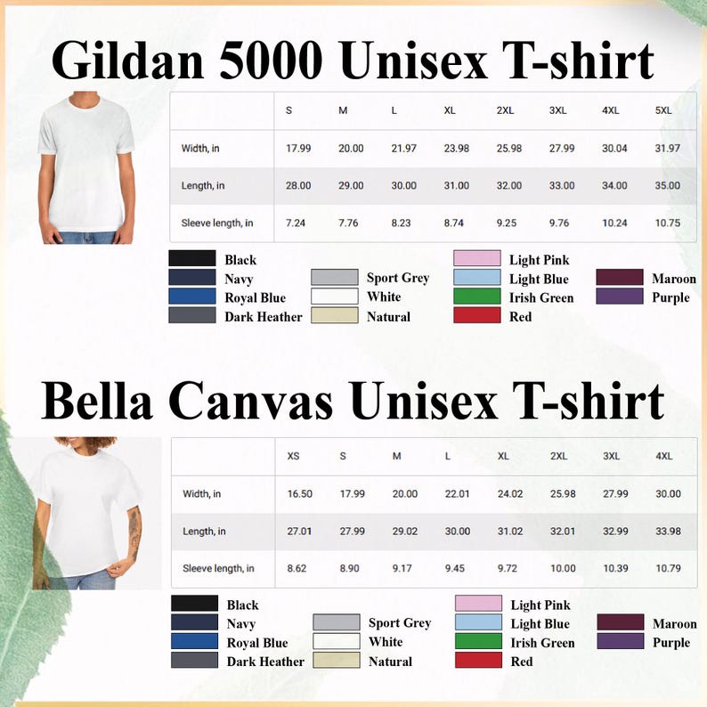 May include: Image of two t-shirts with size charts. The top chart is for Gildan 5000 Unisex T-shirts, and the bottom chart is for Bella Canvas Unisex T-shirts. The charts show measurements in inches and colour options.
