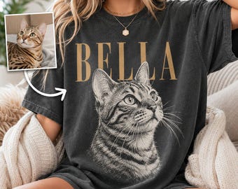 Tabby Cat Comfort Colors Shirt, Personalized Cat Portrait Tee, Custom Striped Cat Name Shirt, Cat Mom Gift, Memorial Pet Shirt