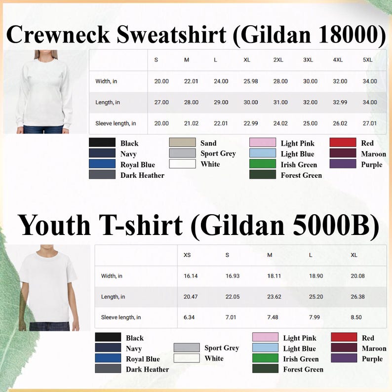 May include: Image showing size charts for Gildan 18000 crewneck sweatshirts and Gildan 5000B youth t-shirts. Charts include measurements for width, length, and sleeve length in inches, along with color options such as black, navy, and red.