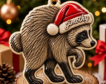 Jimothy Raccoon Santa Hat Ornament, Personalized Raccoon Christmas Decoration, Custom Name Holiday Keepsake, Cute Woodland Animal Xmas Gift