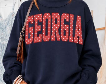 Personalized Navy State Mockneck Sweatshirt, Retro Red Polka Dot Georgia Pullover, Hometown College Crewneck, Vintage State Pride Shirt