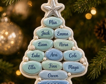 Custom Family Member Name Sea Glass Style Ornament, Personalized Pebble Tree Keepsake, Coastal Christmas Decoration, 2026 Keepsake Gift