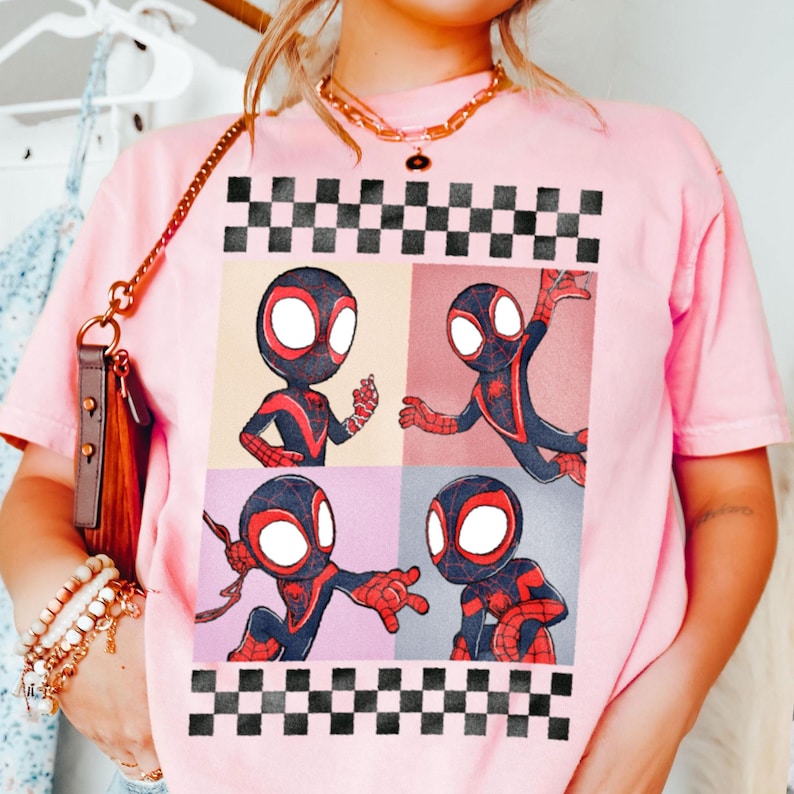 Camiseta retro a cuadros de Miles Morales Spidey, viaje a Disneyland 2026 imagen 3