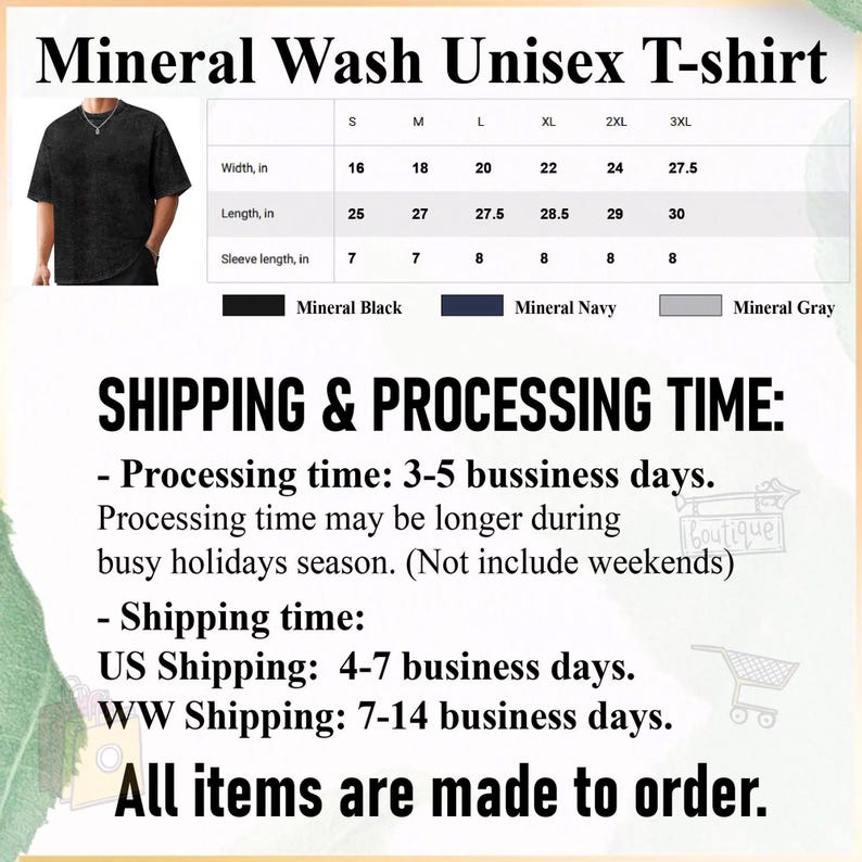 May include: Black mineral wash unisex t-shirt. The image shows a size chart with measurements in inches. Widths range from 40.6 cm to 69.9 cm, lengths from 63.5 cm to 76.2 cm, and sleeve lengths from 17.8 cm to 20.3 cm. Available colors are black, navy, and grey.