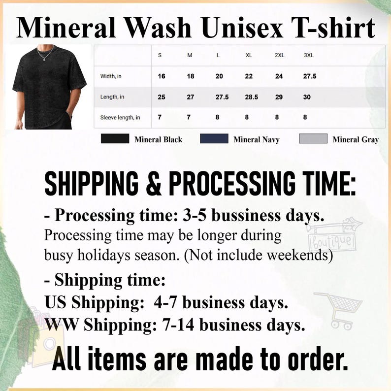 Puede incluir: Camiseta unisex negra con lavado mineral. La imagen incluye una tabla de tallas con medidas en pulgadas y opciones de color: Negro mineral, Azul marino mineral y Gris mineral. El texto dice "Mineral Wash Unisex T-shirt". La camiseta tiene cuello redondo y mangas cortas.