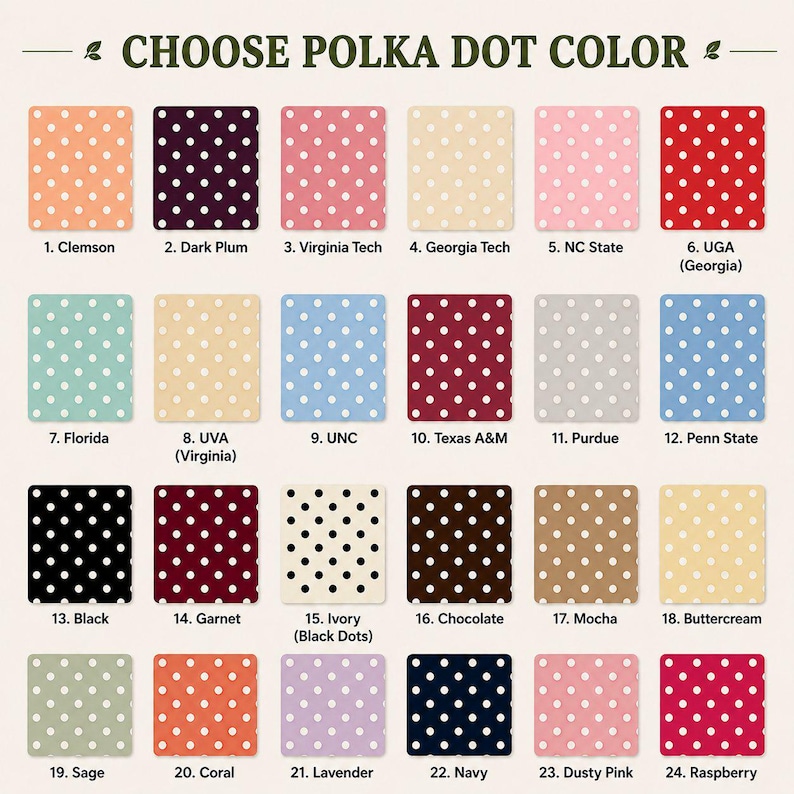 May include: A color chart titled CHOOSE POLKA DOT COLOR featuring twenty-four square swatches with white or black polka dot patterns. Each swatch is numbered and labeled with names like Clemson, Dark Plum, Virginia Tech, and others.