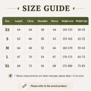 May include: A size guide chart with a dark green header and white text. The table lists sizes XS through XL with corresponding measurements for length, chest, shoulder, sleeve, height in cm, and weight in kg. A note states measurements are taken manually with a 1-3 cm error margin.