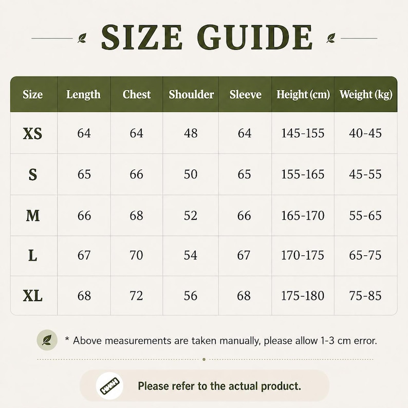 May include: A size guide chart with a dark green header and white text. The table lists sizes XS through XL with corresponding measurements for length, chest, shoulder, sleeve, height in cm, and weight in kg. A note states measurements are taken manually with a 1-3 cm error margin.
