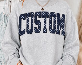 Navy Polka Dot Mockneck Sweatshirt, Personalized Mock Neck Pullover, Custom Name Sweater, Women’s Casual Top