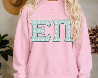 Pink Mockneck Sweatshirt with Custom Greek Letters, Personalized Sorority Gift, Mint Dot Greek Alphabet Top, Rush Week Apparel