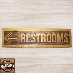 Rustic Restrooms Sign with Left Arrow – Handmade Reclaimed Wood Restroom Directional Sign – Business Wall Decor – Gold Letter Sign– Bathroom