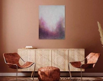 May include: A rectangular wall art piece featuring an abstract blend of soft white, muted pink, and deep purple tones. The painting displays a hazy, atmospheric gradient with darker, saturated colors at the bottom transitioning into a light, airy top.