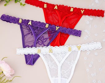 Custom Name Thong G-strings,Personalized Thong With Name,Lace Thong G-strings with Gold Charms Name,Anniversary Gifts,Gifts for Her