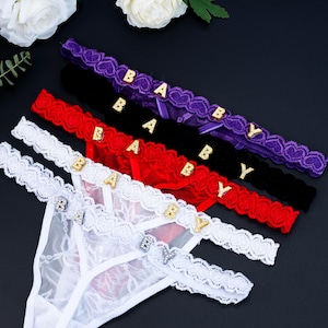 Tanga con nombre personalizado, tanga personalizada con letras, tanga con dijes dorados, regalos de aniversario, regalos de San Valentín, tanga de encaje
