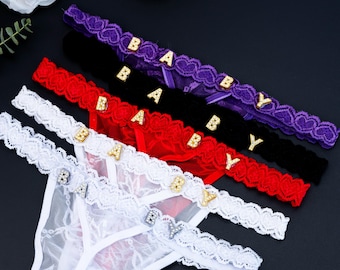 G-string string met naam, kanten string, aangepaste string met gouden bedels met letter, romantisch cadeau voor vriendin, Valentijnsdagcadeau