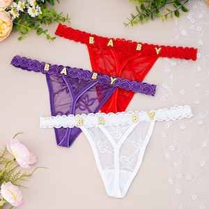 Tanga de encaje con nombre personalizado, tanga personalizada con nombre, tanga personalizada con dijes dorados con nombre, regalo de aniversario para esposa, regalo para ella