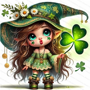 St. Patrick&#39;s Day Gnome Clipart - Watercolor Irish Gnome Art - Cute Green Gnome JPG - Digital Download for Commercial Use