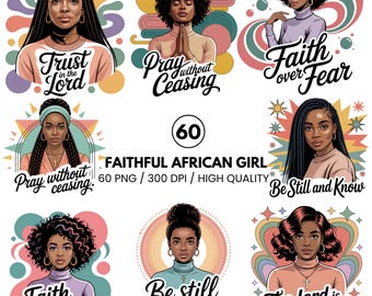 Black Girl Praying Clipart Bundle - African American Woman of Faith PNG - Christian Afro Girl Art - Bible Study Journaling Stickers
