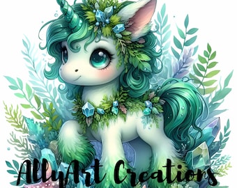 May include: A whimsical illustration of a unicorn with a green horn, mane, and tail, adorned with leaves and crystals. The unicorn is surrounded by foliage and crystals, with the text "AllyArt Creations" at the bottom.