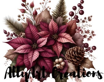 Elegante clipart de flor de Pascua granate - Flores navideñas burdeos - Ilustraciones de flor de Pascua navideña - Flores navideñas en acuarela