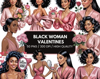 Black Girl Valentine Clipart Bundle - Afro Girl Clipart - Romantic Couple Stickers - Digital Notebook Aesthetic - Scrapbook and Planner