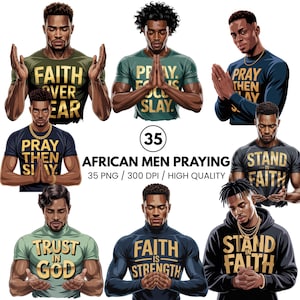 Puede incluir: Una colección de arte digital con ilustraciones de hombres africanos rezando. Cada hombre lleva una camisa o sudadera con frases inspiradoras como "Faith Over Fear" y "Stand in Faith". La imagen incluye el texto "African Men Praying".