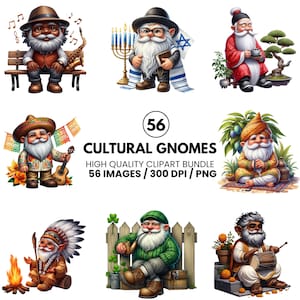 May include: A digital clipart bundle featuring various cultural gnomes. The gnomes are depicted in different cultural attire, playing musical instruments, and engaging in various activities. The image includes text that reads "Cultural Gnomes" and "56 Images".