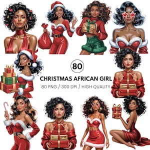 Peut inclure: Illustrations numériques de femmes africaines en tenues de Noël festives. Les images présentent des femmes en tenues rouges, des bonnets de Père Noël et tenant des cadeaux. Le texte "Christmas African Girl" est affiché avec le numéro "80".