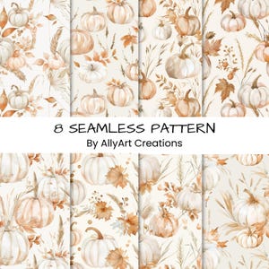 Peut inclure: Huit motifs sans couture avec des citrouilles à l'aquarelle, des feuilles d'automne et du feuillage dans des tons de blanc, beige et orange. Le texte "8 SEAMLESS PATTERN By AllyArt Creations" est affiché en bas de l'image.