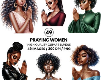 Clipart z modlitwą Afroamerykanek – sztuka wiary – grafika modlących się kobiet do planerów – wierne czarne kobiety PNG – modlące się kobiety do rękodzieła